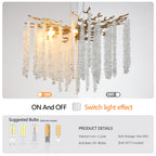 Modern gold crystal chandelier illuminating living room with warm glow