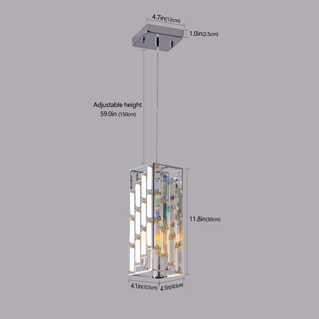 Chrome crystal pendant light illuminating living room with sparkle effect