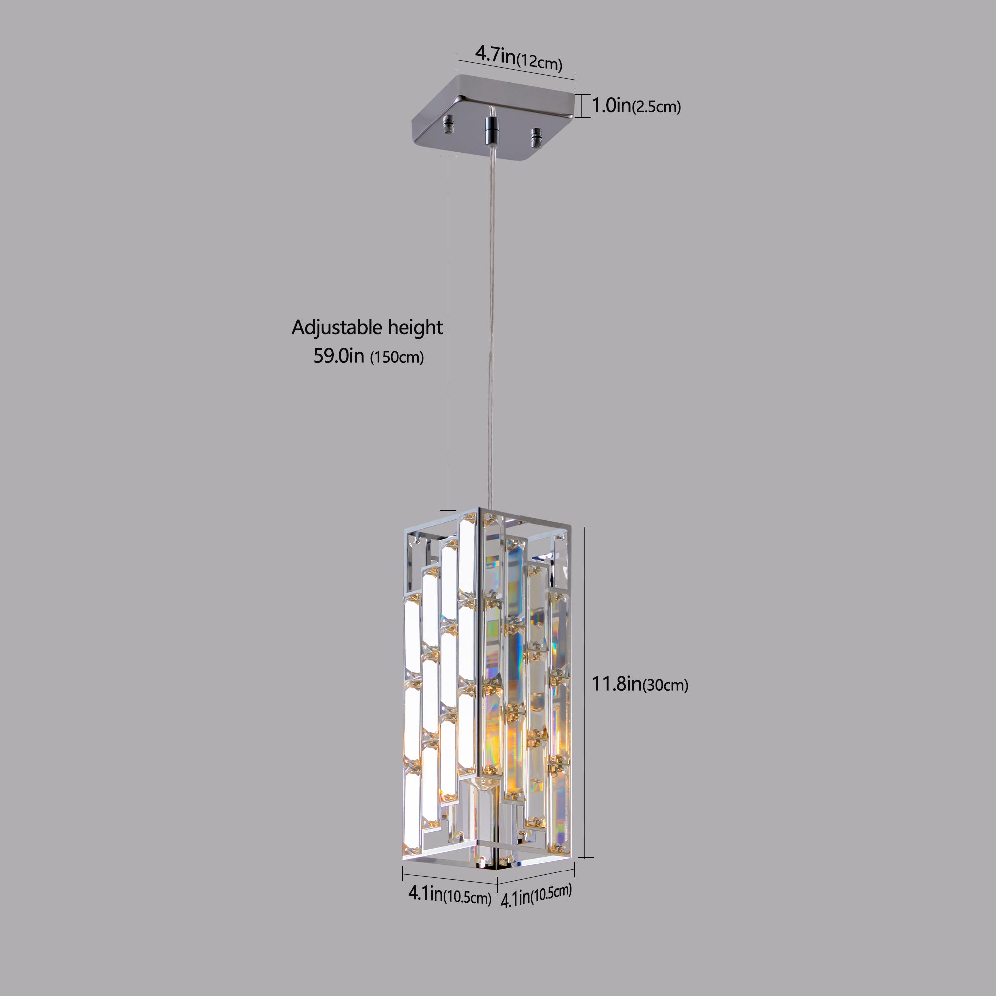 Chrome crystal pendant light illuminating living room with sparkle effect