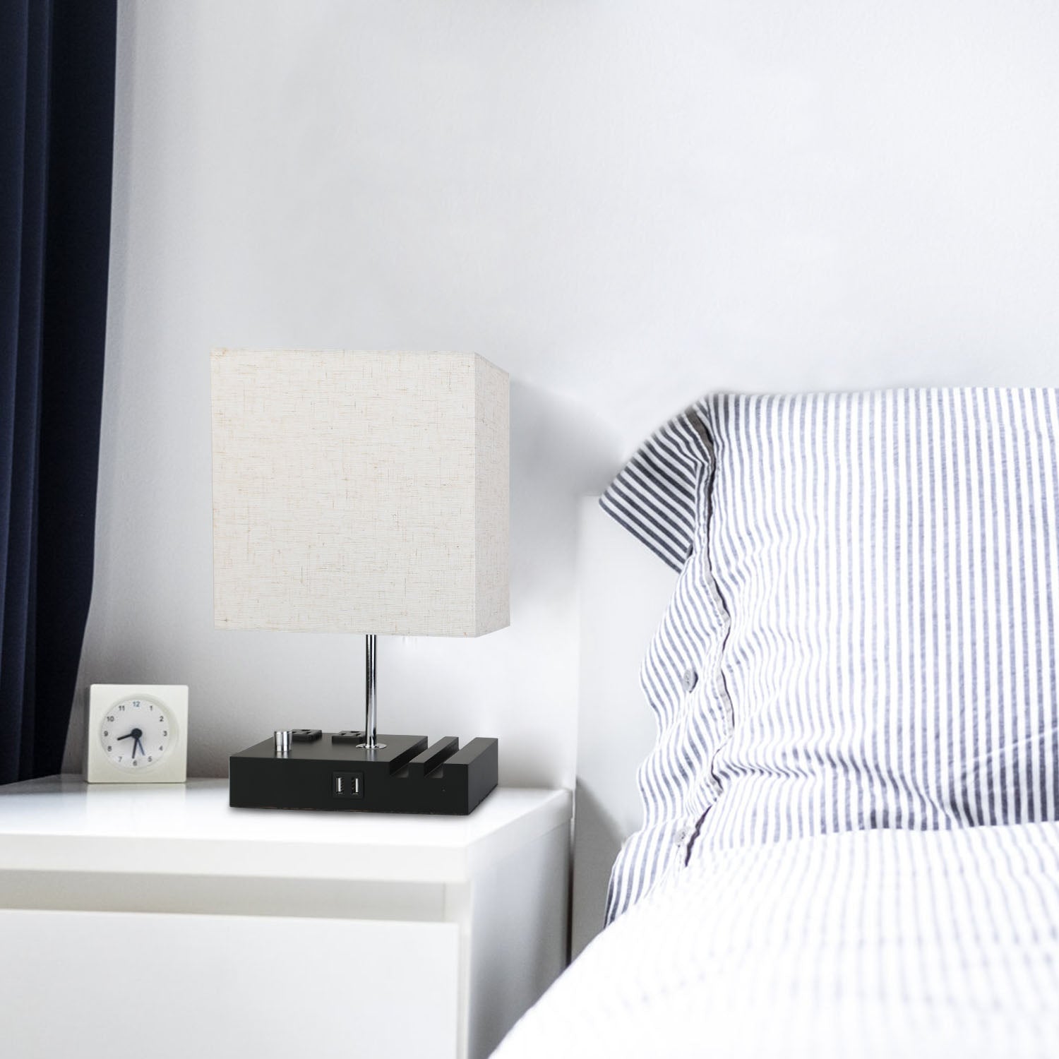 Dimmable Bedside Table Lamp with Dual USB Ports & 2 AC Outlets – LED Bulb Included
