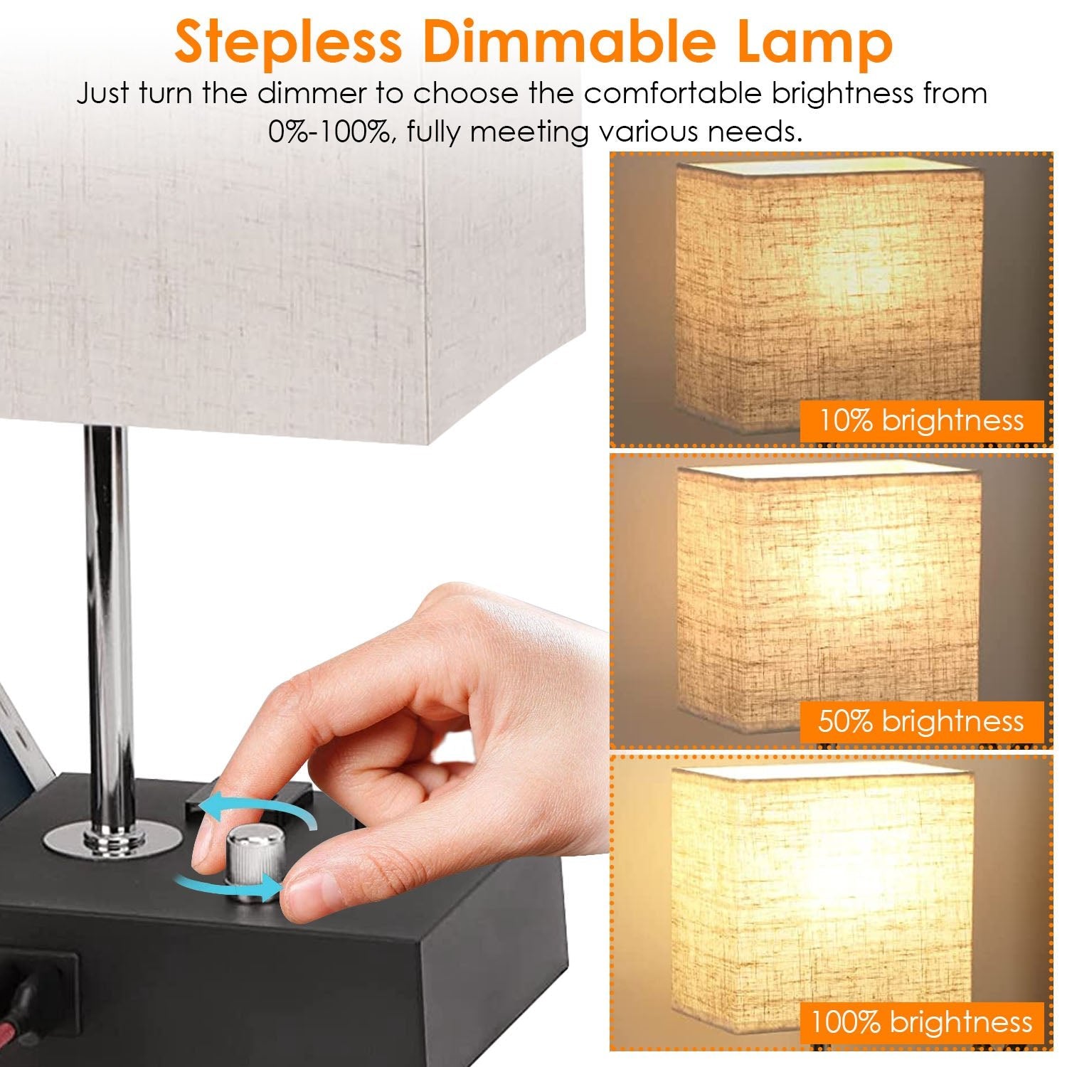 Dimmable Bedside Table Lamp with Dual USB Ports & 2 AC Outlets – LED Bulb Included