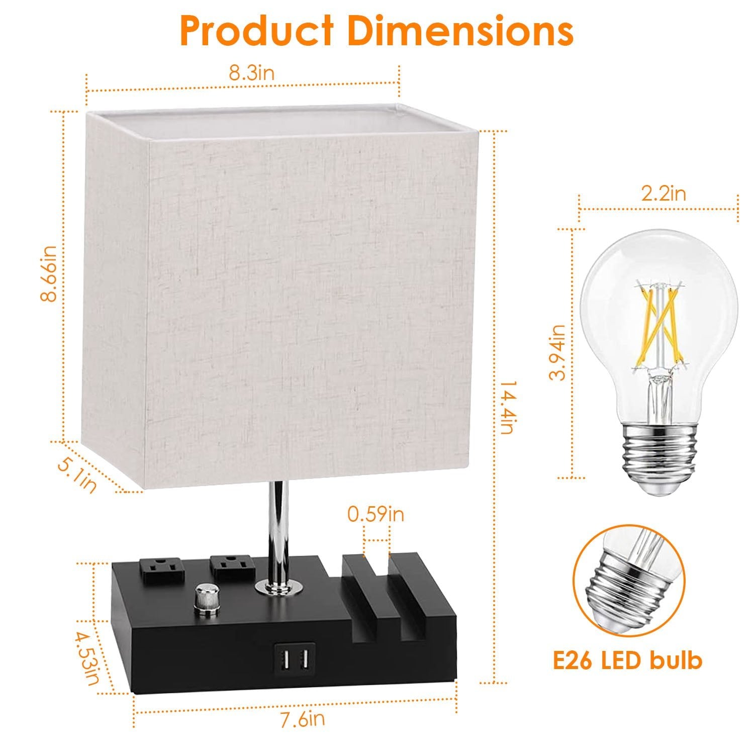 Dimmable Bedside Table Lamp with Dual USB Ports & 2 AC Outlets – LED Bulb Included