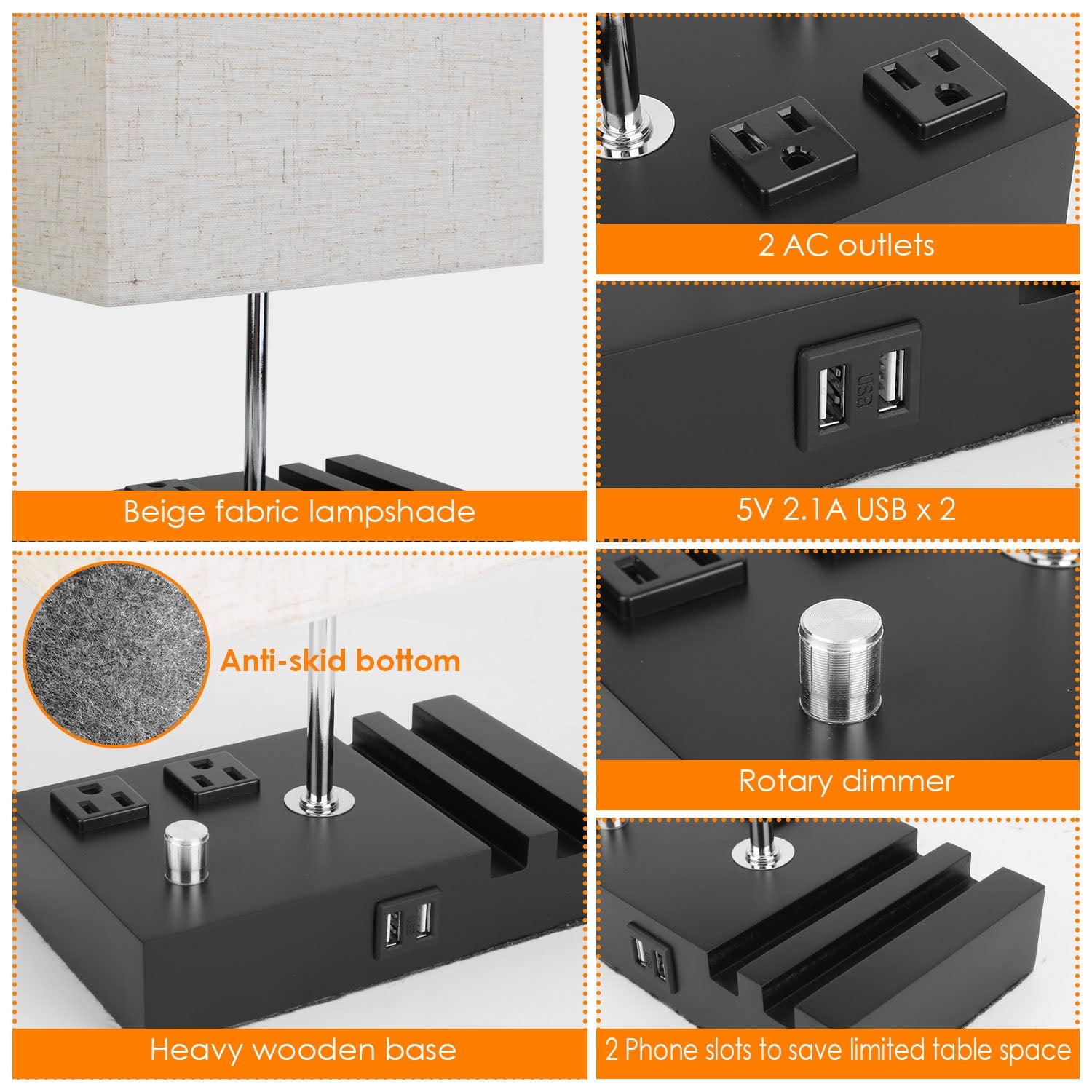 Dimmable Bedside Table Lamp with Dual USB Ports & 2 AC Outlets – LED Bulb Included