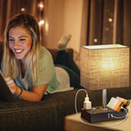 Dimmable Bedside Table Lamp with Dual USB Ports & 2 AC Outlets – LED Bulb Included