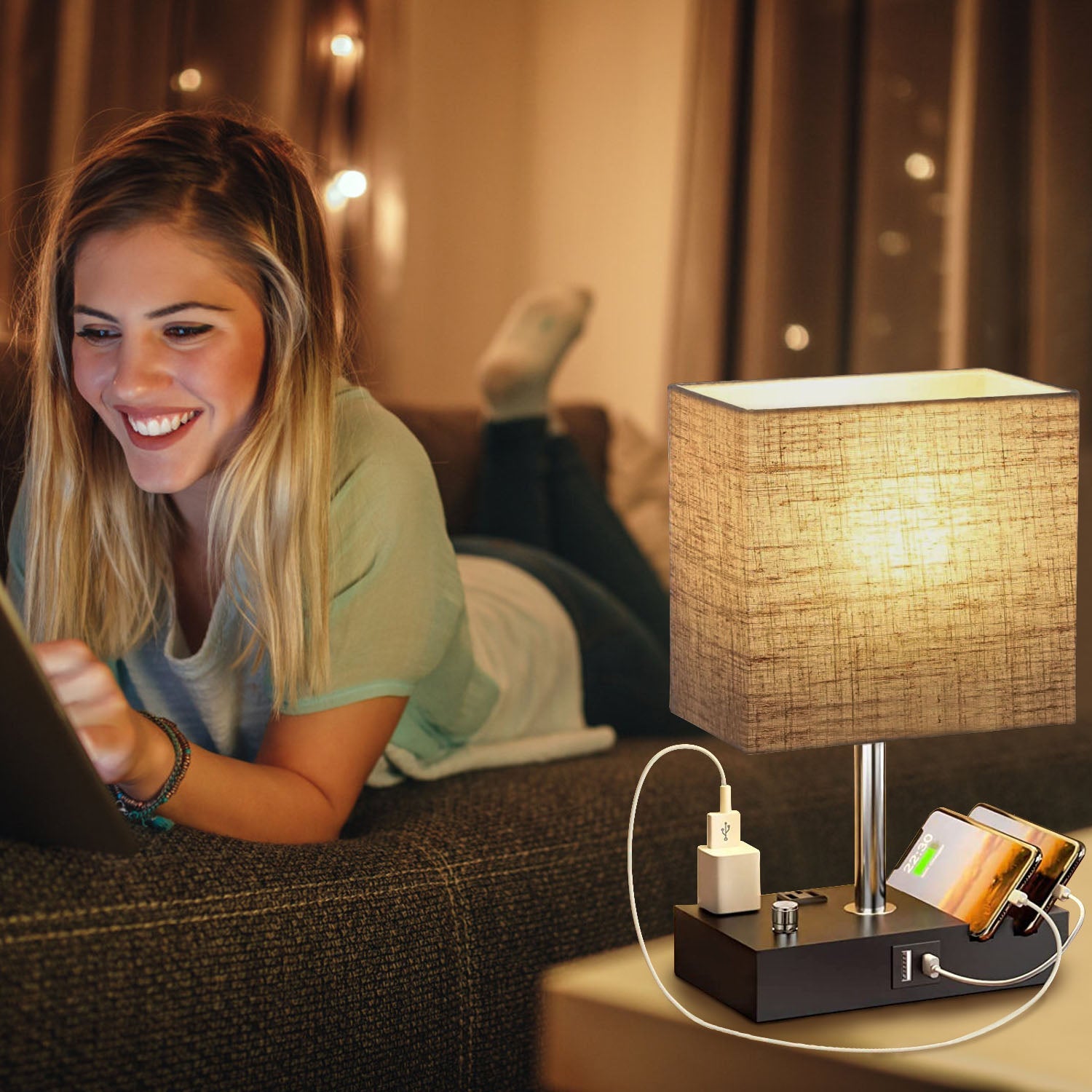 Dimmable Bedside Table Lamp with Dual USB Ports & 2 AC Outlets – LED Bulb Included