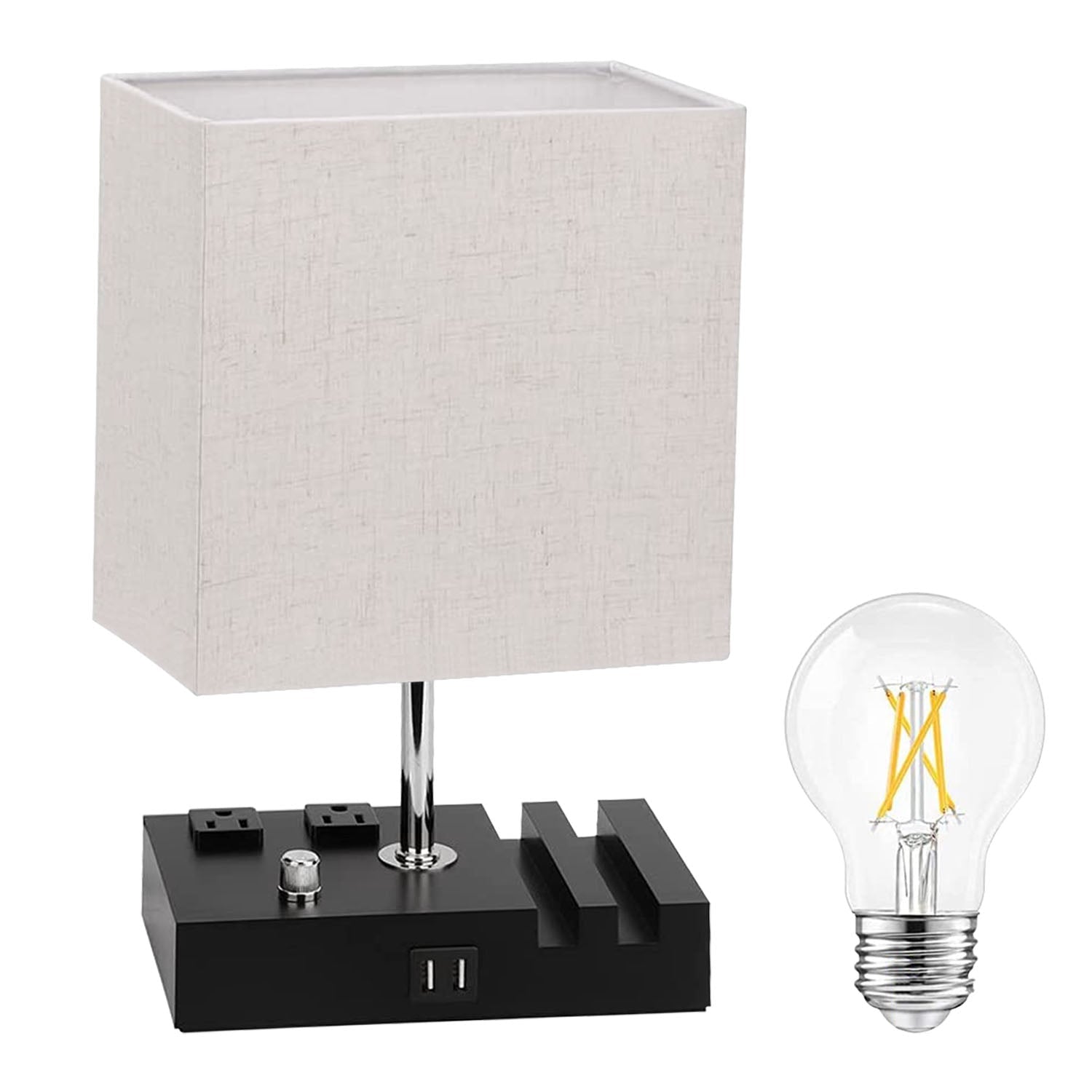 Dimmable Bedside Table Lamp with Dual USB Ports & 2 AC Outlets – LED Bulb Included Beige
