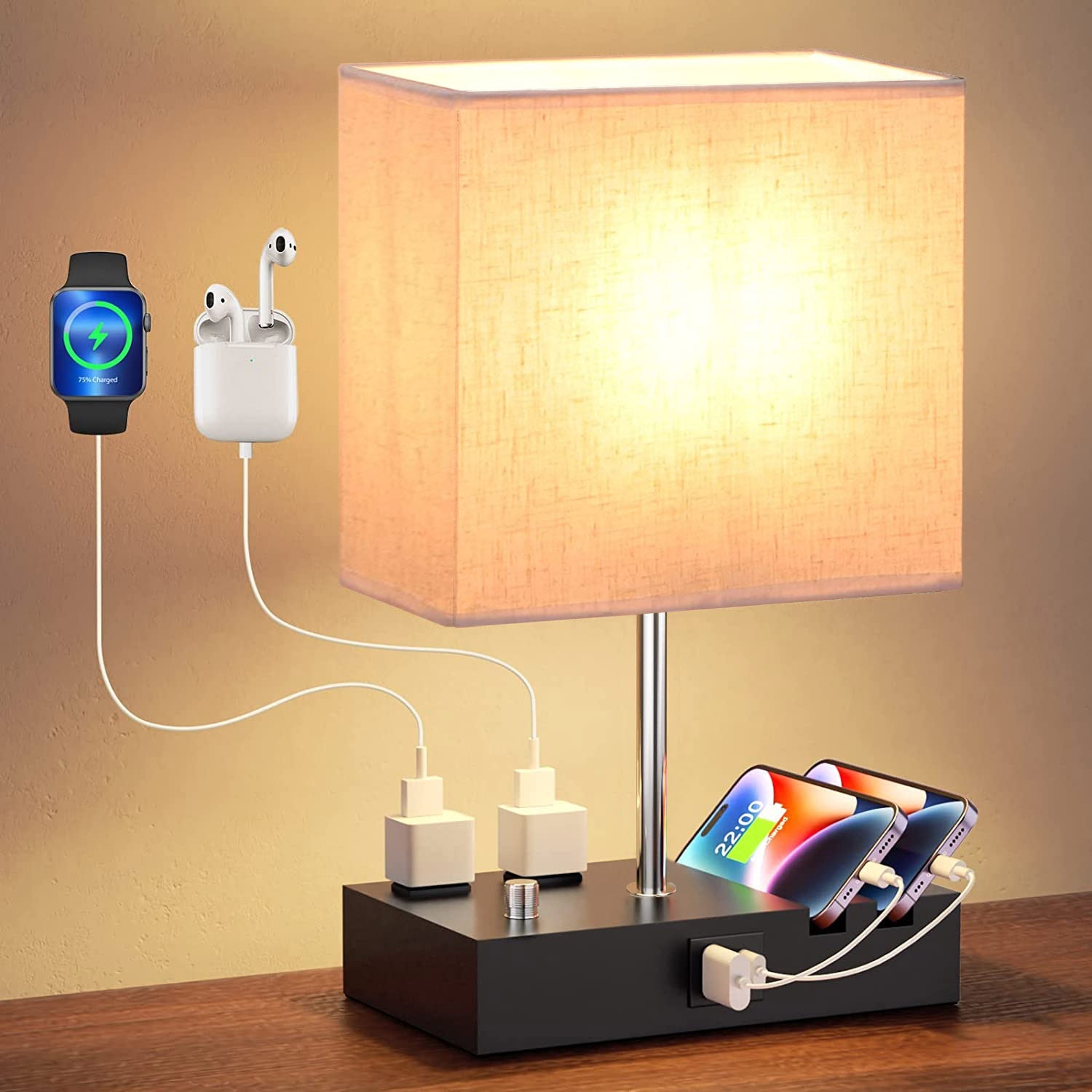 Dimmable Bedside Table Lamp with Dual USB Ports & 2 AC Outlets – LED Bulb Included