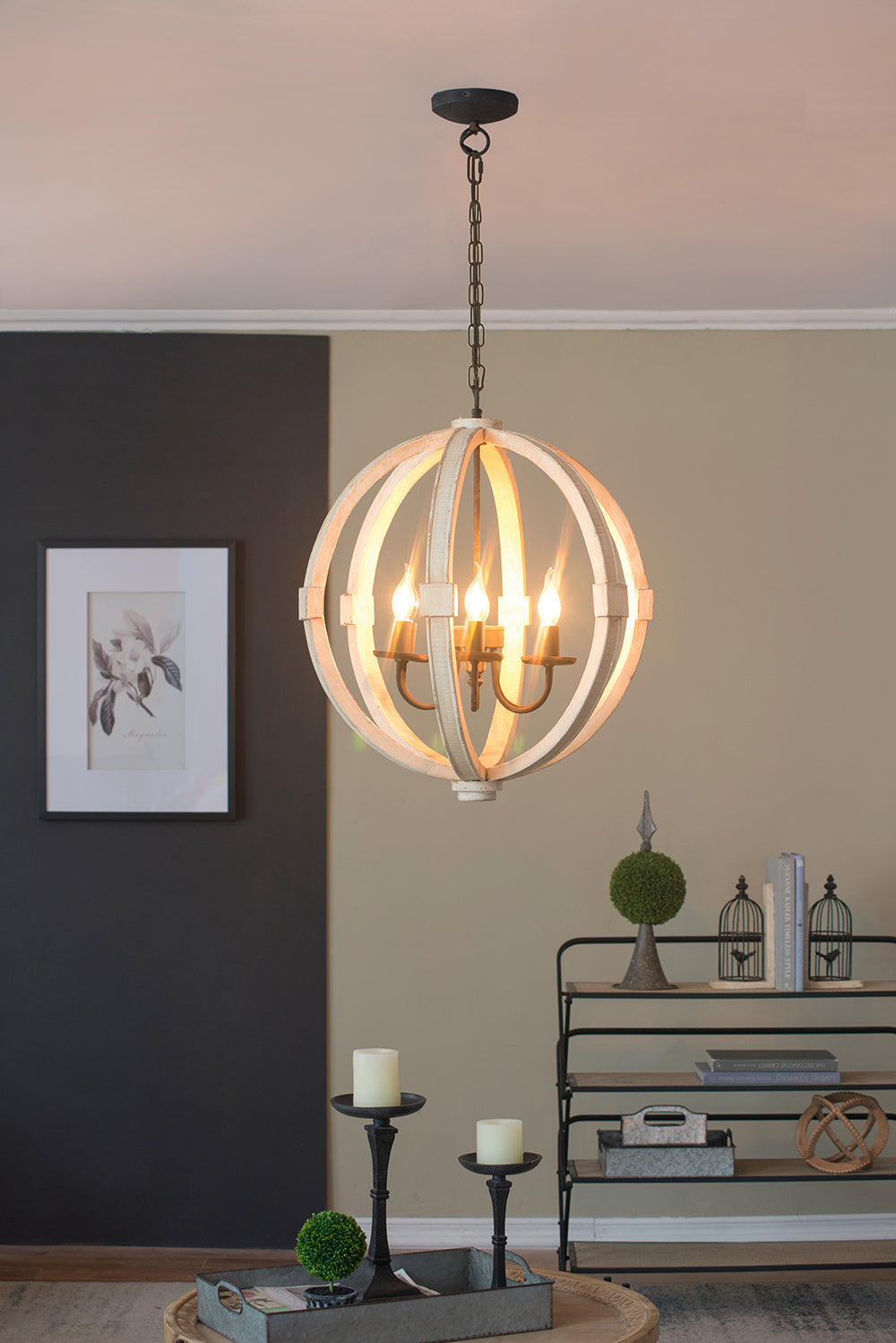 6-light farmhouse wood chandelier adjustable chain white finish