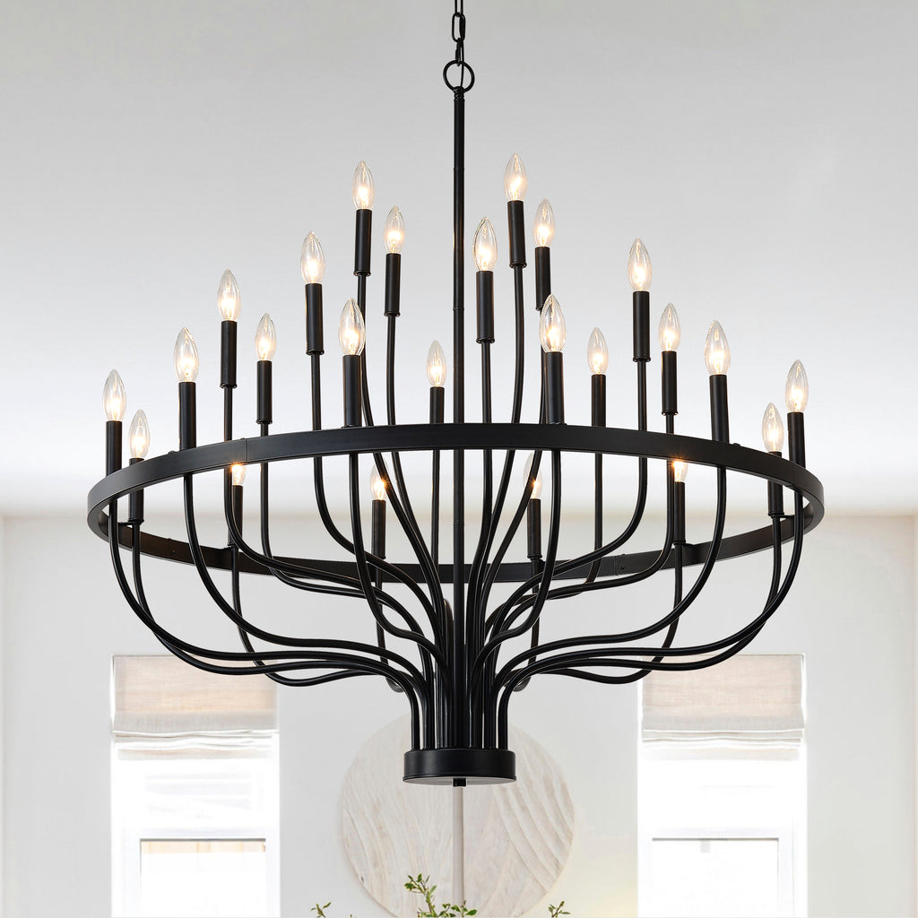 farmhouse black chandelier over kitchen island living room