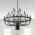 farmhouse black chandelier over kitchen island living room