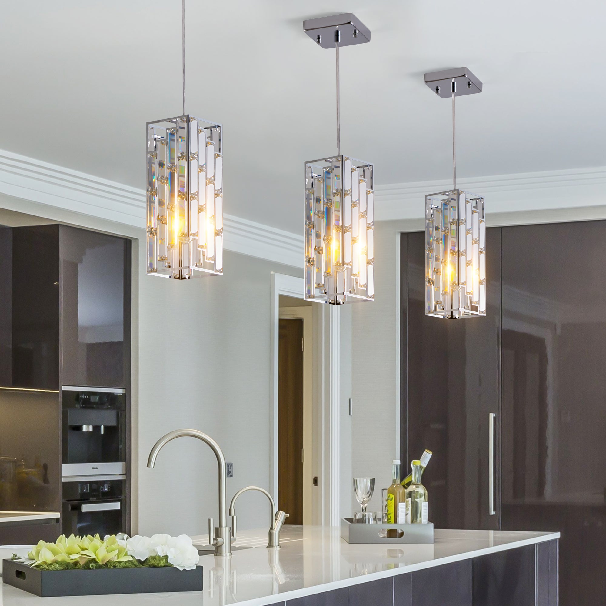 4-inch chrome crystal prism pendant light 3-pack – main product view