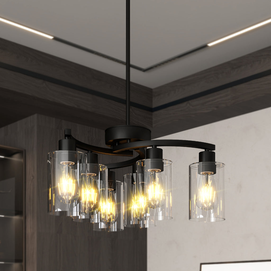 Black 6-light chandelier over kitchen island with clear glass shades