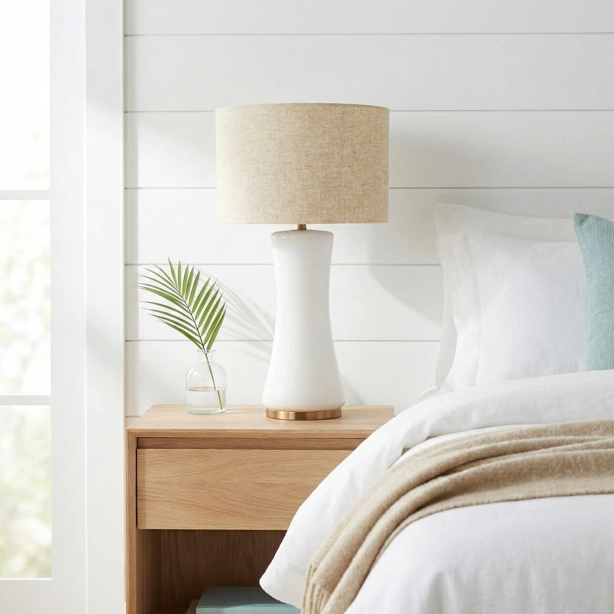 Off-white glass shade detail on cascade table lamp