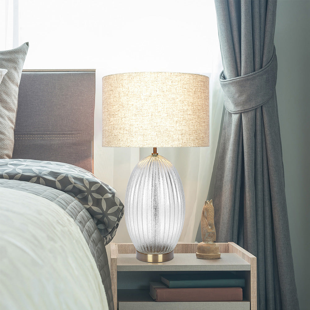 Aurora ribbed clear glass table lamp with linen shade – main view