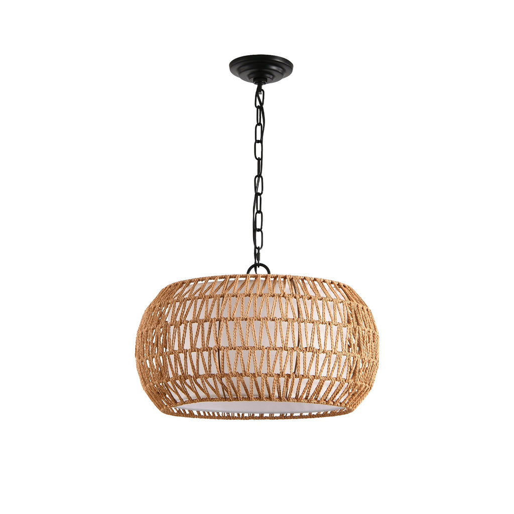 Woven jute rope ceiling light fixture close-up