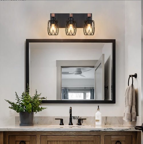 Farmhouse wall sconce installed above bathroom vanity mirror