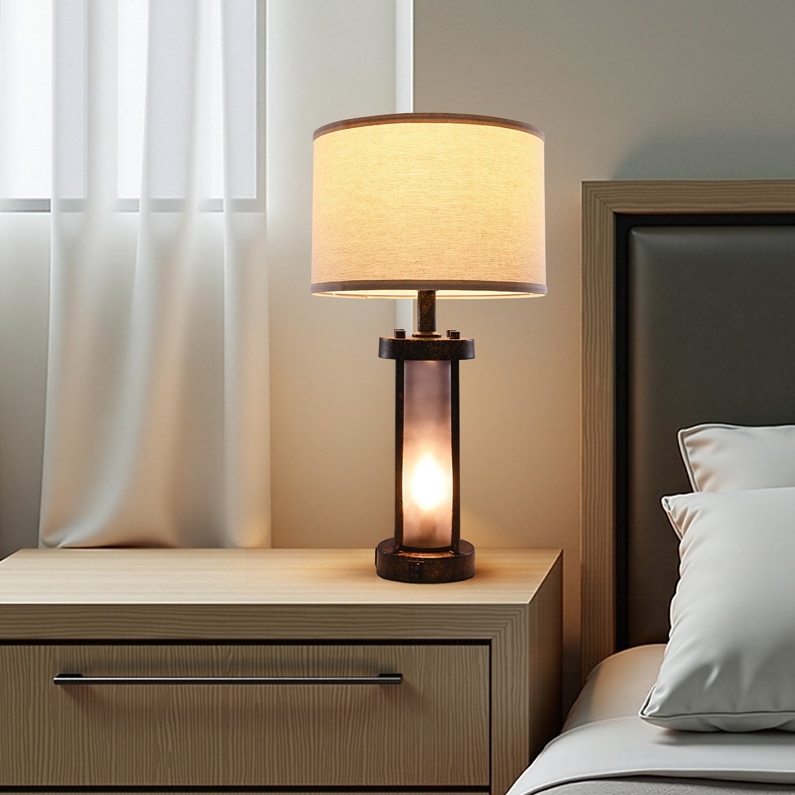 Farmhouse bedside table lamp set of 2 with USB ports – main view