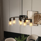 farmhouse style chandelier installed in dining room