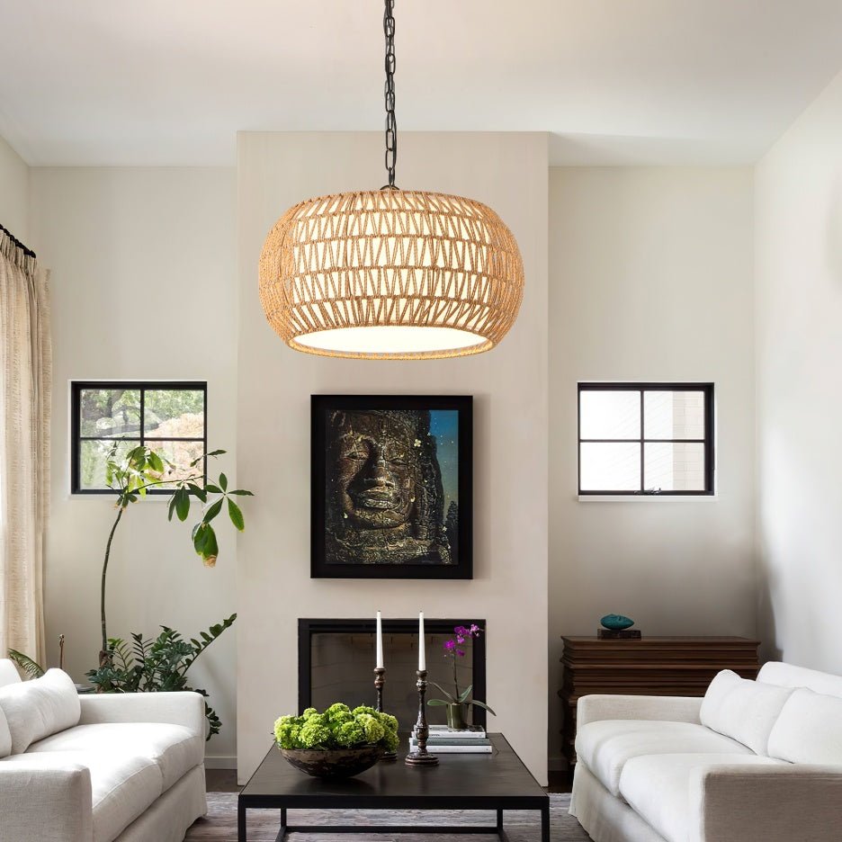 Natural fiber hanging lamp with warm lighting