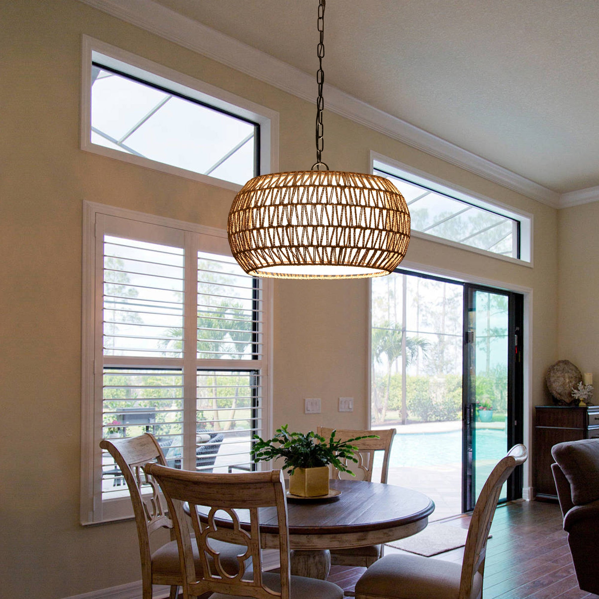 Rustic jute light fixture in entryway setting