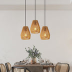 Set of 3 hemp rope pendant lights over kitchen island