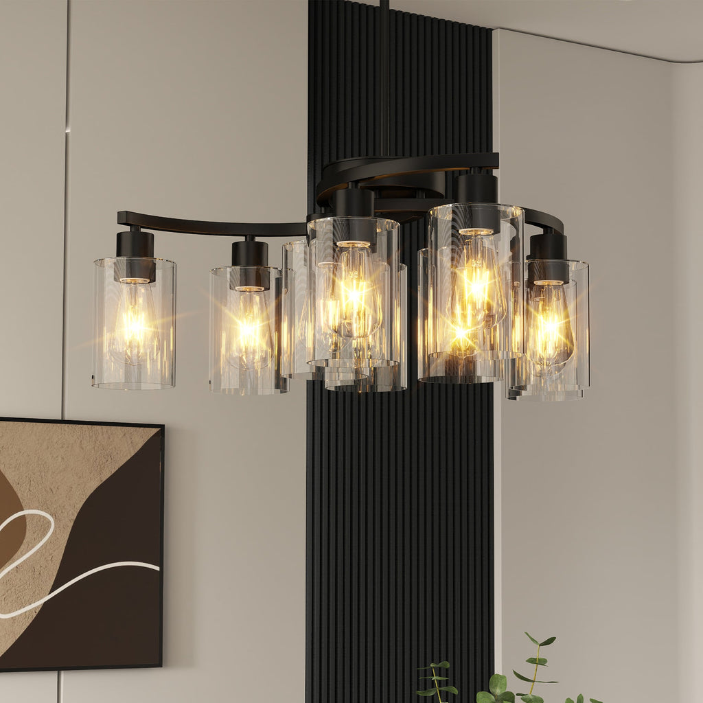 warm ambient lighting from 9-light dining room chandelier